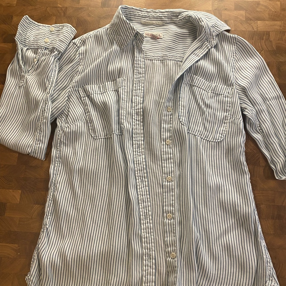 White and blue striped button up